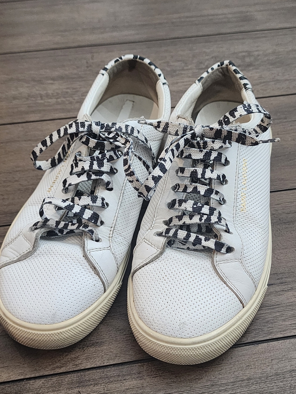 Saint Laurent Perforated Leather Sneakers w/Black & White Animal Print Laces 36
